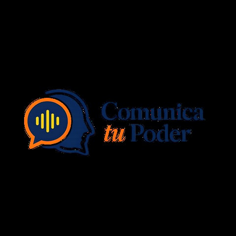 Comunica tu Poder logo con silueta de perfil, burbuja de diálogo e icono de onda de sonido en naranja y azul marino